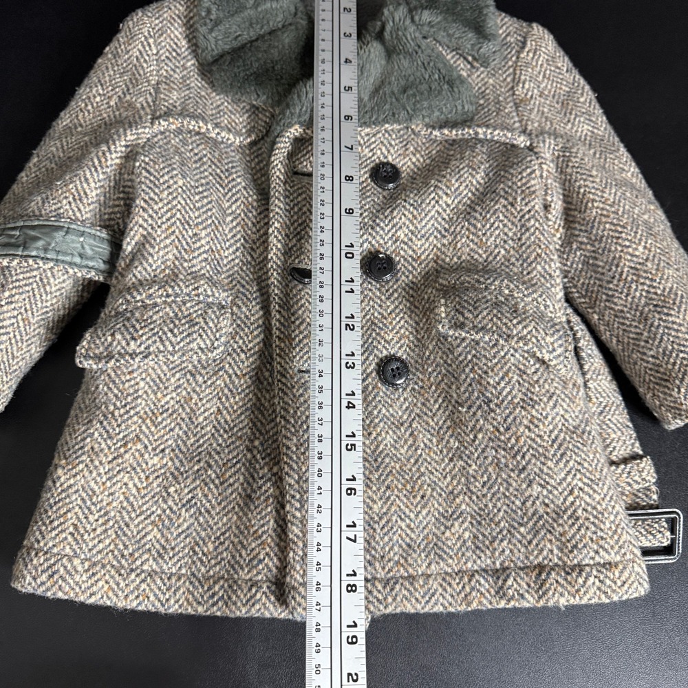 Vintage Herringbone Tweed Toddler 12 Mo 1 YO Overcoat Faux Fur Belted Tweed Coat - Picture 5 of 8